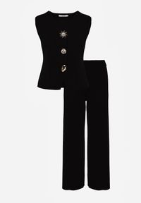 Born2be - Czarny Komplet z Wiskozą Kamizelka z Ozdobami 3D i Szerokie Spodnie Eleti. Kolor: czarny. Materiał: wiskoza. Wzór: aplikacja #3