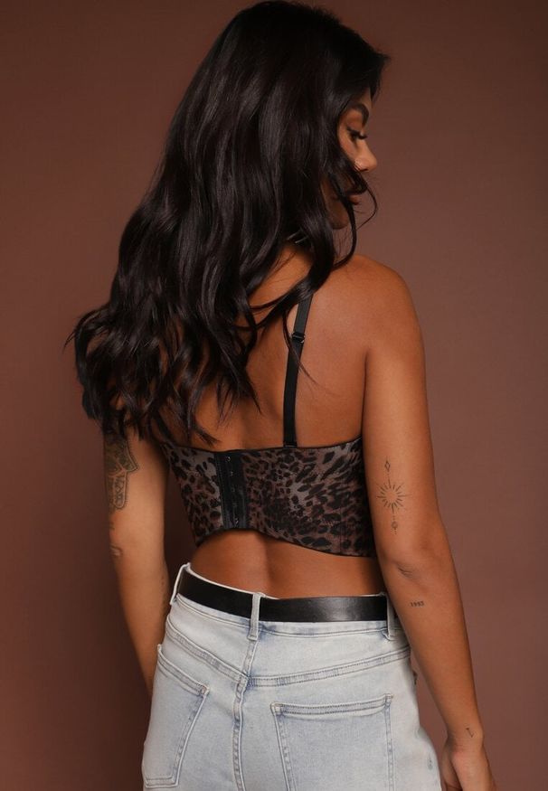 Renee - Brązowy Przezroczysty Gorsetowy Top Panterkowy z Usztywnionymi Miseczkami Temilore. Okazja: na co dzień. Typ kołnierza: dekolt gorset. Kolor: brązowy. Materiał: tkanina, jeans. Długość rękawa: na ramiączkach. Styl: wizytowy, casual