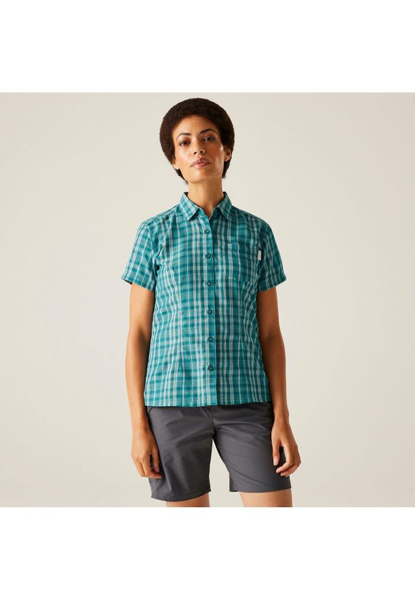 Regatta - Mindano VIII damska koszula z krótkim rękawem. Kolor: fioletowy. Materiał: materiał. Długość rękawa: krótki rękaw. Długość: krótkie. Sport: turystyka piesza