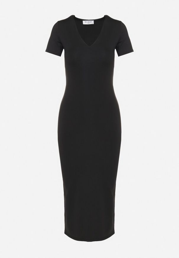 Born2be - Czarna Sukienka Dopasowana Bodycon z Dekoltem w Serek Efricene. Okazja: na co dzień. Typ kołnierza: dekolt w serek. Kolor: czarny. Materiał: jeans. Długość rękawa: krótki rękaw. Typ sukienki: bodycon. Styl: casual, klasyczny