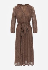 Born2be - Brązowa Koronkowa Sukienka Koszulowa o Rozkloszowanym Dole z Paskiem w Talii Nesssea. Okazja: do pracy, na co dzień. Kolor: brązowy. Materiał: koronka. Typ sukienki: koszulowe. Styl: elegancki, casual #3