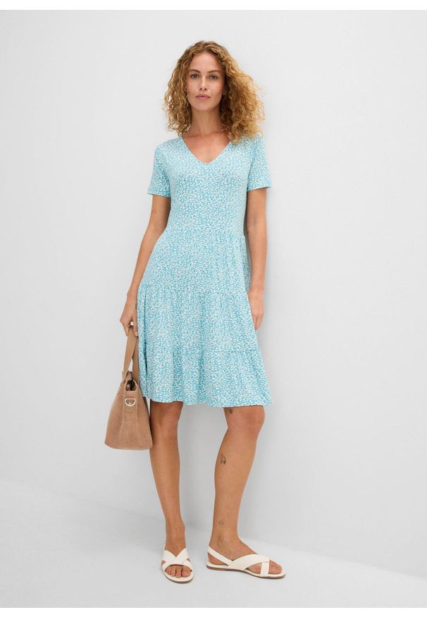 bonprix - Sukienka z dżerseju, z mieszanki wiskozy. Kolor: niebieski. Materiał: wiskoza, jersey, skóra