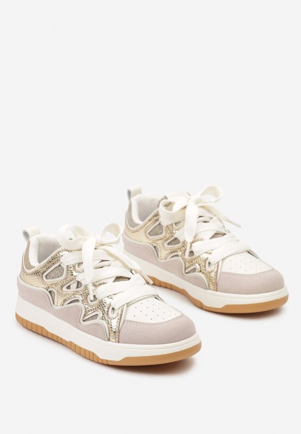 Born2be - Złote Sneakersy przed Kostkę Podwójnie Sznurowane Luretta. Okazja: na co dzień. Wysokość cholewki: przed kostkę. Kolor: beżowy