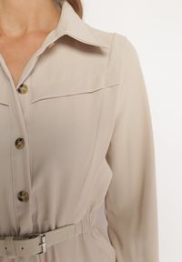 Born2be - Beżowa Sukienka Midi z Gumką w Pasie i Dodatkowym Paskiem ze Sprzączką Zawadi. Kolor: beżowy. Styl: elegancki. Długość: midi #4