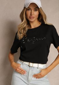 Renee - Czarny Bawełniany T-shirt Zdobiony Haftowanym Napisem z Cekinami Ulionis. Kolor: czarny. Materiał: bawełna. Wzór: aplikacja, napisy, haft. Styl: klasyczny, elegancki #5