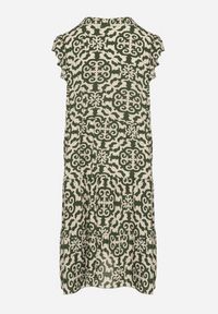 Born2be - Zielona Bawełniana Sukienka o Rozkloszowanym Kroju w Ornamentalny Wzór Zalimea. Okazja: na co dzień. Typ kołnierza: dekolt w kształcie V. Kolor: zielony. Materiał: bawełna. Długość rękawa: krótki rękaw. Typ sukienki: rozkloszowane. Styl: casual, elegancki #7