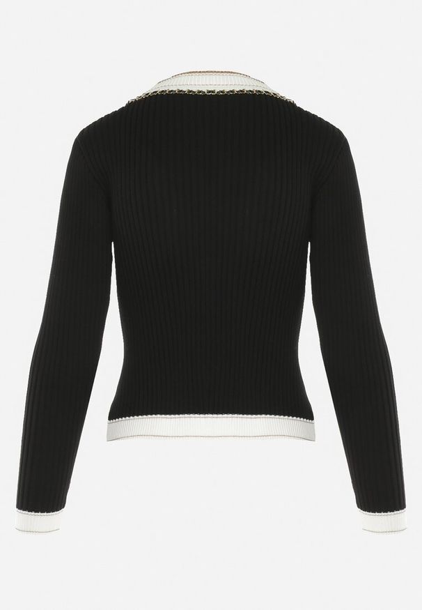 Born2be - Czarny Wiskozowy Kardigan z Ozdobnym Łańcuszkiem i Broszką oraz Metaliczną Nicią Niten. Kolor: czarny. Materiał: wiskoza