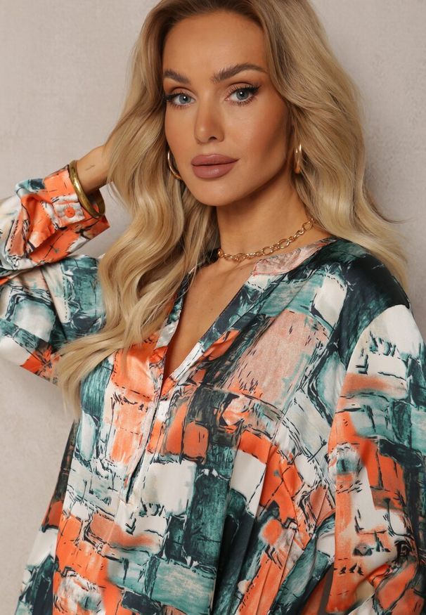 Renee - Pomarańczowo-Zielona Bluzka z Podwijanymi Rękawami Ozdobiona Abstrakcyjnym Wzorem Willowina. Kolor: pomarańczowy. Materiał: jeans. Wzór: aplikacja. Styl: elegancki