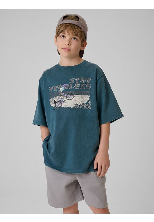 4f - 4F T-shirt loose z nadrukiem chłopięcy - granatowy 146/152 (10-12 lat). Okazja: na uczelnię, na co dzień, na spacer. Kolor: turkusowy. Materiał: materiał, bawełna, dzianina. Wzór: nadruk. Sezon: lato. Styl: vintage, casual