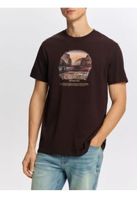 Reserved - T-shirt regular z nadrukiem - ciemnobrązowy. Kolor: brązowy. Materiał: dzianina, bawełna. Wzór: nadruk