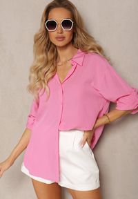 Renee - Różowa Koszula z Lnem Zapinana na Guziki z Regulowanymi Rękawami Tesata. Kolor: różowy. Materiał: len #1