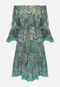 Renee - Zielona Rozkloszowana Sukienka w Print Paisley z Frędzelkami i Hiszpańskim Dekoltem Jotalle. Okazja: na imprezę. Kolor: zielony. Długość rękawa: długi rękaw. Wzór: nadruk, paisley. Styl: elegancki, wizytowy #4