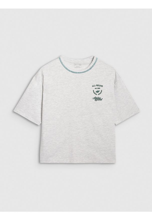 4f - 4F T-shirt oversize z nadrukiem damski - szary M. Okazja: na co dzień. Kolor: szary. Materiał: materiał, bawełna, jersey, dzianina. Długość rękawa: krótki rękaw. Długość: krótkie. Wzór: nadruk. Styl: sportowy, klasyczny, casual