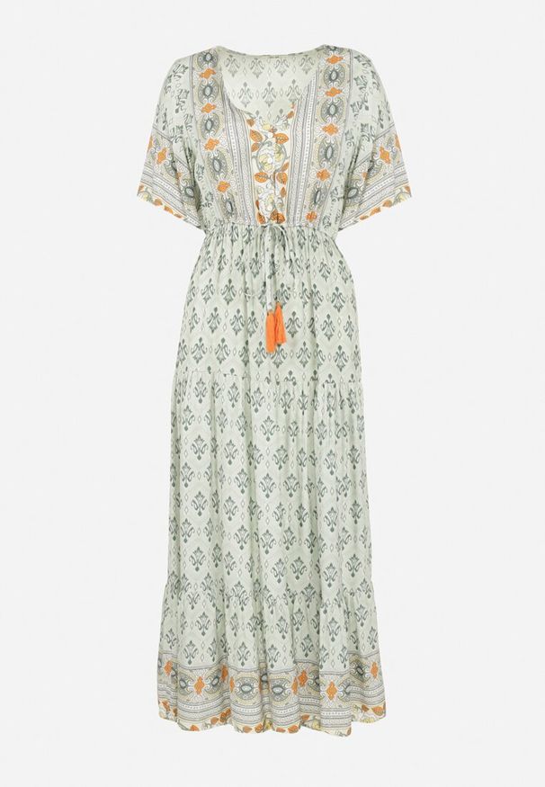 Born2be - Miętowa Sukienka Maxi z Gumką i Sznurkiem z Chwostami w Pasie Maryse. Kolor: miętowy. Sezon: wiosna, lato. Długość: maxi