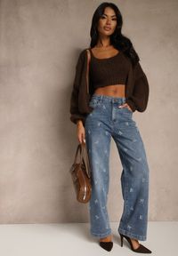 Renee - Niebieskie Jeansy Wide Leg High Waist z Haftem w Kształcie Kokardek Salimessa. Okazja: na imprezę, na co dzień. Stan: podwyższony. Kolor: niebieski. Wzór: haft. Styl: casual