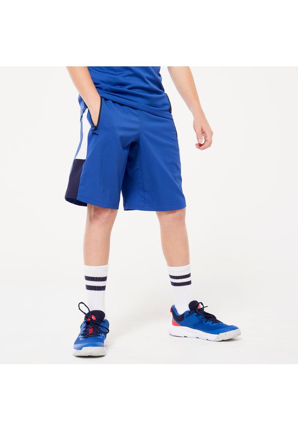 Decathlon - Spodenki sportowe dla dzieci. Okazja: na uczelnię. Kolor: niebieski, wielokolorowy, biały. Materiał: poliester, materiał. Styl: sportowy. Sport: joga i pilates