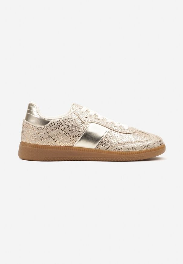Born2be - Złote Wężowe Sneakersy Retro w Stylu Klasycznych Tenisówek Tanonea. Okazja: na co dzień. Zapięcie: sznurówki. Kolor: złoty. Materiał: jeans