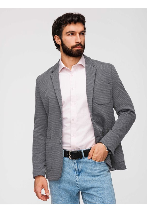 Ombre Clothing - Elegancka dopasowana marynarka męska ze strukturalnej dzianiny – grafitowa V3 - Rozmiar: L. Kolor: szary. Materiał: dzianina. Wzór: melanż, aplikacja. Styl: elegancki