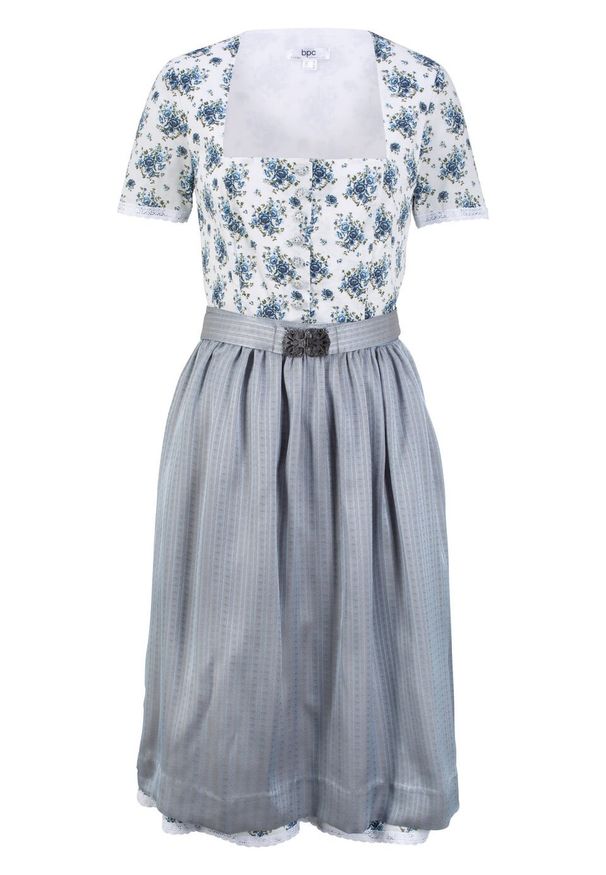 Sukienka w ludowym stylu z krótkimi rękawami bonprix biało-niebieski dżins w kwiaty. Kolor: biały. Długość rękawa: krótki rękaw. Wzór: kwiaty. Styl: elegancki