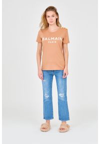 Balmain - BALMAIN Brązowy damski t-shirt z guzikami, Rozmiar M. Kolor: brązowy. Materiał: bawełna