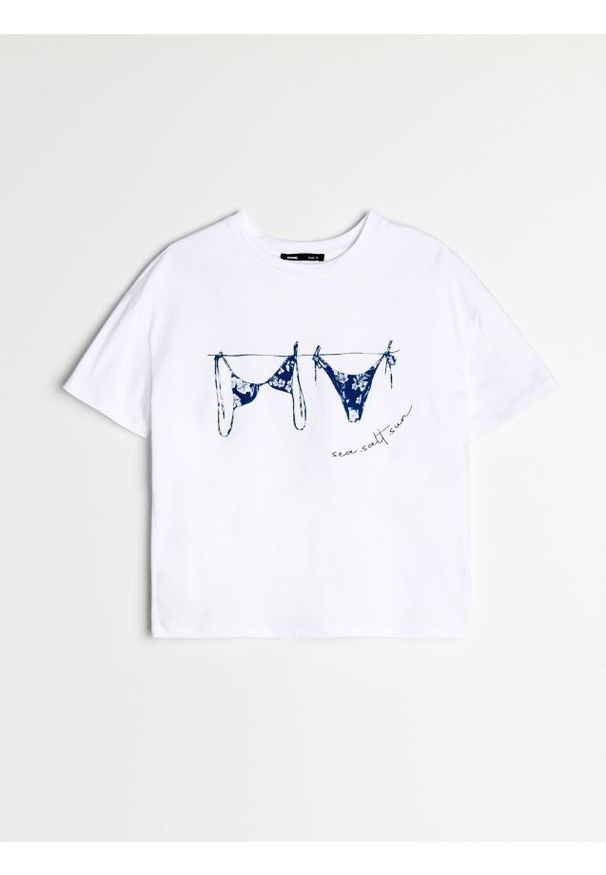 Sinsay - Bawełniana koszulka z krótkim rękawem i nadrukiem - kremowy. Kolor: kremowy. Materiał: bawełna. Długość rękawa: krótki rękaw. Długość: krótkie. Wzór: nadruk