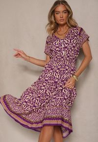Renee - Ciemnofioletowa Sukienka z Bawełny Ozdobiona Ornamentnym Motywem Fillena. Kolor: fioletowy. Materiał: bawełna. Wzór: aplikacja