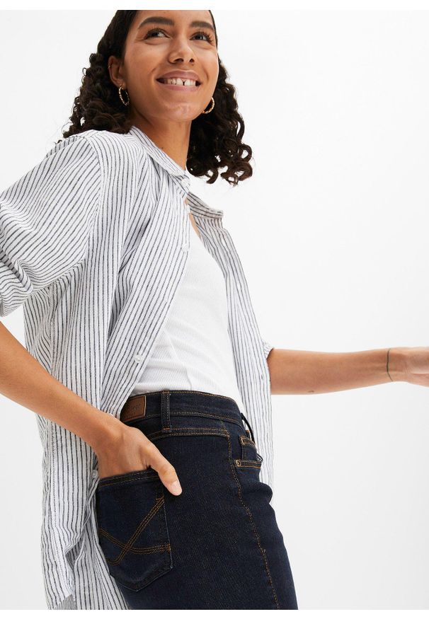 bonprix - Dżinsy Straight Slim, Mid Waist, ze stretchem. Stan: podwyższony. Kolor: niebieski