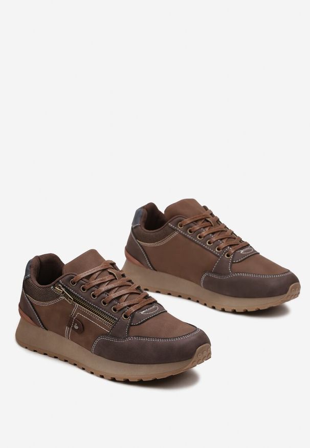 Born2be - Brązowe Sznurowane Buty Sportowe z Modnymi Przeszyciami Linkra. Kolor: brązowy