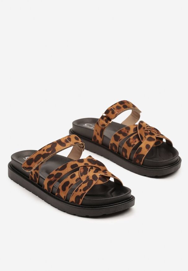 Born2be - Panterkowe Klapki z Ozdobnymi Paskami Typu Gladiatorki Zapinane na Rzep Hirna. Okazja: na co dzień, na spacer. Sezon: lato. Obcas: na obcasie. Styl: elegancki, casual. Wysokość obcasa: niski