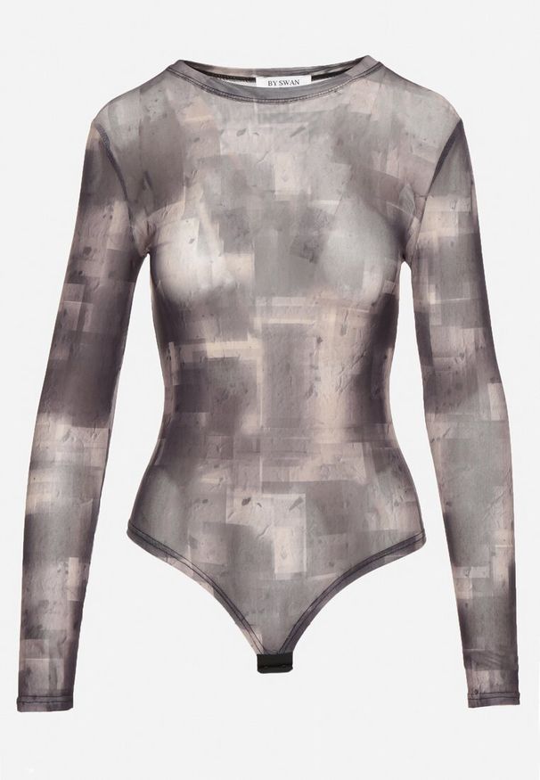Born2be - Szare Body Siateczkowe z Delikatnym Printem Hotavia. Okazja: na co dzień. Kolor: szary. Materiał: jeans, wiskoza. Długość rękawa: długi rękaw. Długość: długie. Wzór: nadruk. Styl: casual, elegancki