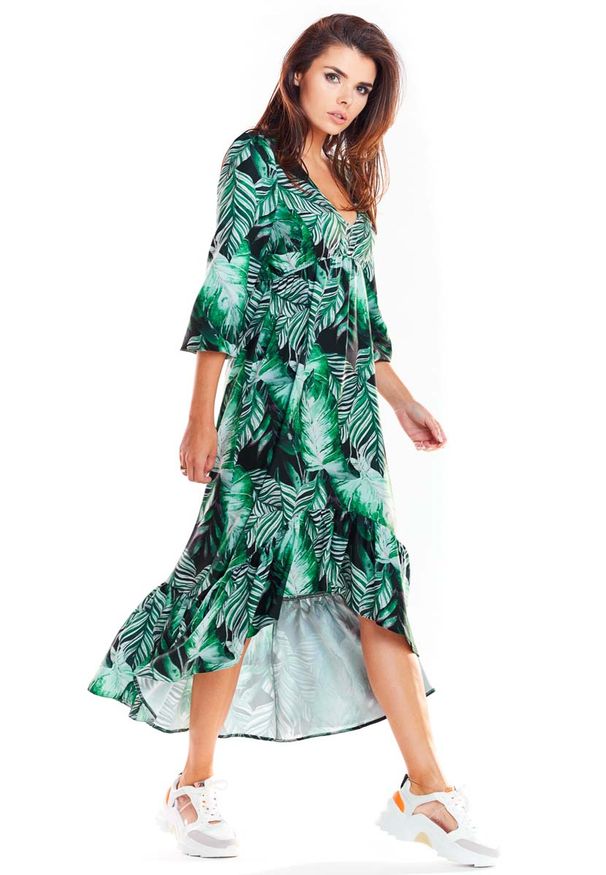 Awama - Zielona Asymetryczna Sukienka Midi z Florystycznym Motywem. Kolor: zielony. Materiał: poliester, elastan. Wzór: kwiaty. Typ sukienki: asymetryczne. Długość: midi