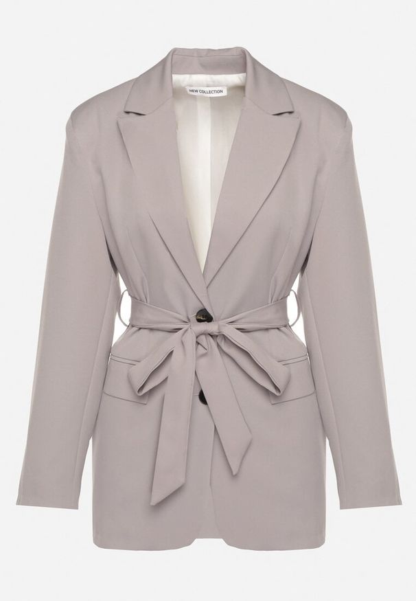 Born2be - Szara Jednorzędowa Marynarka z Paskiem i Usztywnionymi Ramionami Diomella. Okazja: na co dzień. Kolor: szary. Materiał: jeans. Styl: elegancki, casual