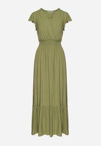 Born2be - Zielona Bawełniana Sukienka Maxi z Kopertową Górą Rozkloszowana Xaliara. Okazja: na ślub cywilny, na wesele, na imprezę. Kolor: zielony. Materiał: bawełna. Sezon: lato. Typ sukienki: kopertowe. Długość: maxi #4