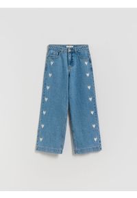 Reserved - Jeansy wide leg z haftem - niebieski. Kolor: niebieski. Wzór: haft #1