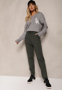 Renee - Ciemnozielone Spodnie z Bawełną High Waist Ozdobione Sznurkiem Venaline. Okazja: na co dzień. Stan: podwyższony. Kolor: zielony. Materiał: bawełna. Wzór: aplikacja. Styl: klasyczny, casual