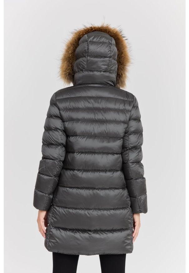 Hetrego - HETREGO Szara damska kurtka puchowa Leonie Quilted Woman Jacket With Detached Hood, Rozmiar 42 EU - 46 IT. Okazja: na co dzień. Kolor: szary. Materiał: puch. Długość rękawa: długi rękaw. Długość: długie. Styl: casual