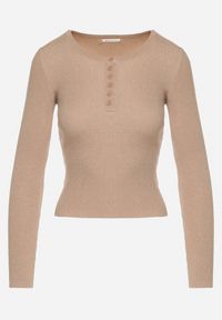 Born2be - Beżowy Sweter z Wiskozą Zdobiony Metaliczną Nicią i Guzikami przy Dekolcie Lianola. Okazja: na co dzień. Kolor: beżowy. Materiał: wiskoza. Wzór: aplikacja. Styl: casual #2