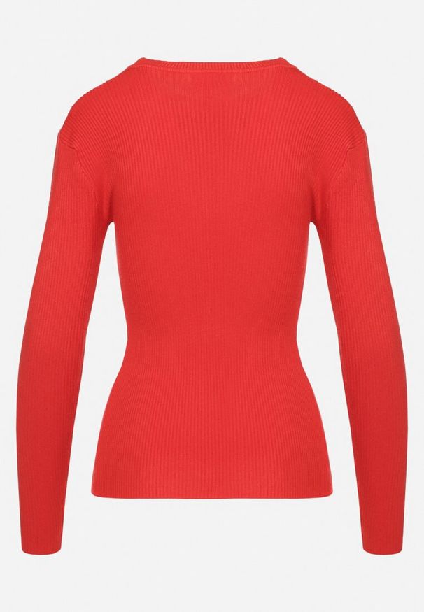 Born2be - Czerwony Sweter Prążkowany z Cyrkoniami Romivra. Okazja: na co dzień. Kolor: czerwony. Materiał: prążkowany. Długość rękawa: długi rękaw. Długość: długie. Styl: casual, elegancki