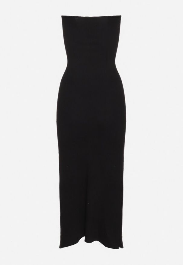 Born2be - Czarna Bawełniana Sukienka Bandeau z Rozcięciem w Talii Vikiriea. Okazja: na imprezę, na plażę. Kolor: czarny. Materiał: bawełna. Sezon: lato. Styl: elegancki, klasyczny