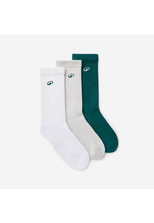 Decathlon - Skarpety podwyższone Elementals 3 pary. Kolor: zielony, szary, biały, wielokolorowy. Materiał: poliester, bawełna, poliamid, elastan