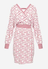 Born2be - Różowa Sukienka Wełniana w Geometryczny Wzór Itasoi. Typ kołnierza: dekolt kopertowy. Kolor: różowy. Materiał: wełna. Wzór: geometria. Typ sukienki: kopertowe. Długość: mini #2
