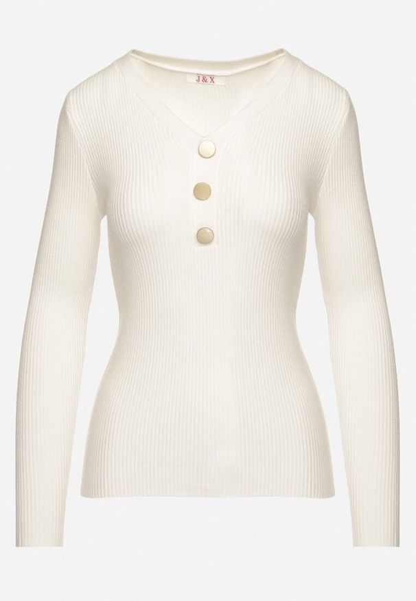 Born2be - Biały Sweter z Bawełną z Prążkowanego Materiału Ozdobiony Guzikami Zinfera. Okazja: na co dzień. Typ kołnierza: dekolt w serek. Kolor: biały. Materiał: materiał, prążkowany, bawełna. Wzór: aplikacja. Styl: casual, klasyczny