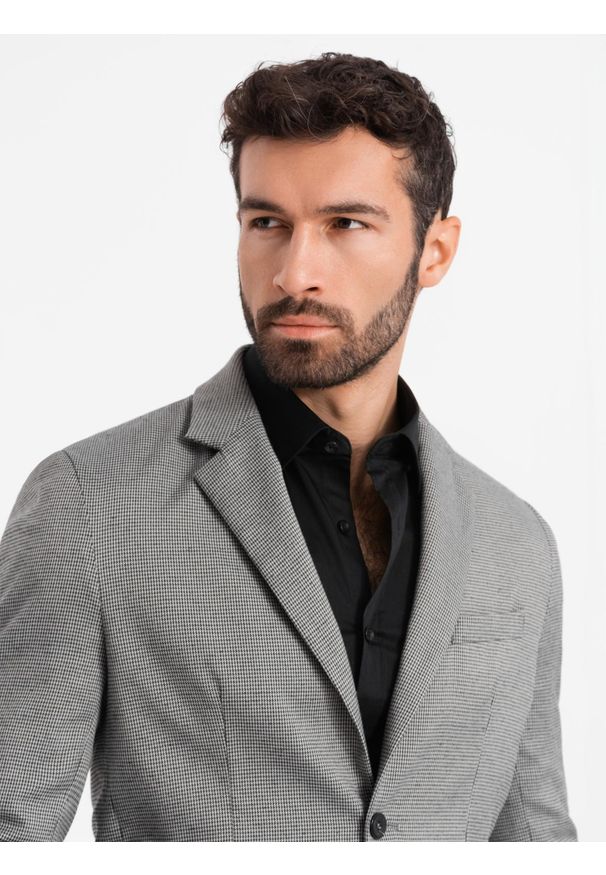 Ombre Clothing - Marynarka męska casual w delikatną kratkę - szara V2 - Rozmiar: L. Okazja: na co dzień. Kolor: szary. Materiał: poliester. Wzór: kratka. Styl: casual