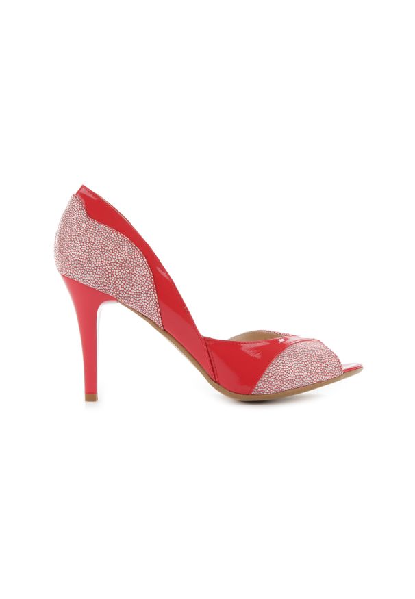 Czerwone czółenka peep toe Bayla na obcasie, klasyczne, na co dzień, z cholewką