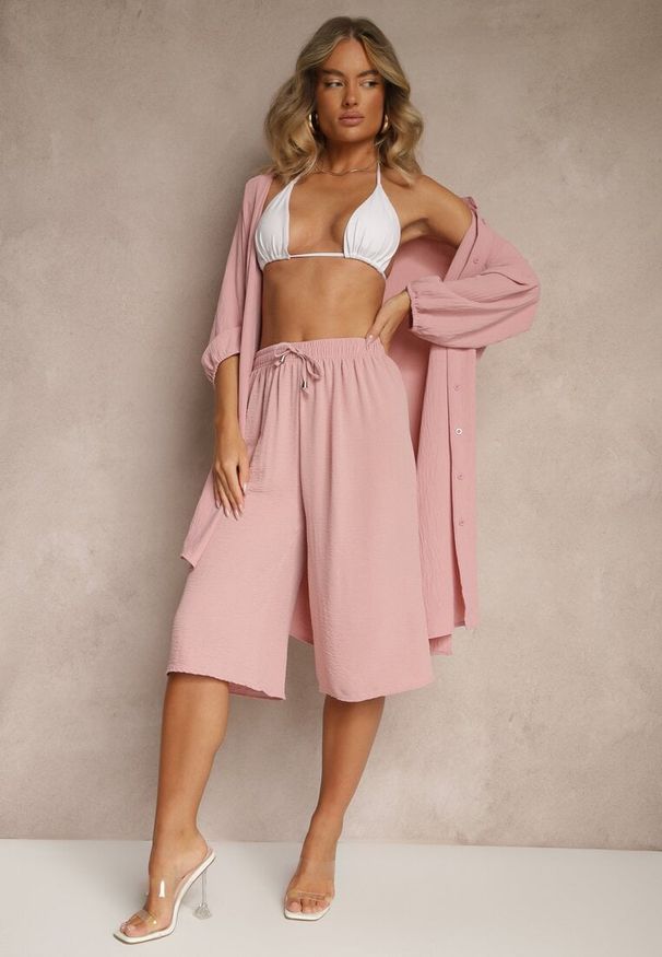 Renee - Różowe Spodnie Kuloty z Bawełną High Waist Azetia. Okazja: na co dzień. Stan: podwyższony. Kolor: różowy. Materiał: bawełna. Sezon: lato, wiosna. Styl: sportowy, elegancki, casual
