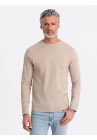 Ombre Clothing - Męski longsleeve BASIC z okrągłym dekoltem - beżowy V8. Kolor: beżowy. Materiał: materiał, bawełna. Długość rękawa: długi rękaw. Wzór: gładki, jednolity. Styl: klasyczny #4