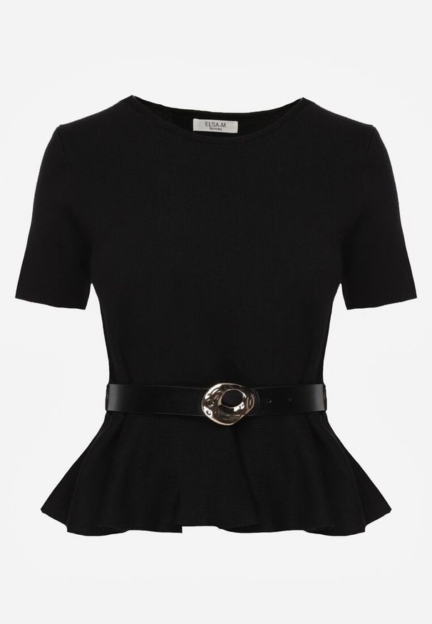 Renee - Czarna Dzianinowa Bluzka Baskinka z Paskiem i Klamrą Megassa. Kolor: czarny. Materiał: dzianina