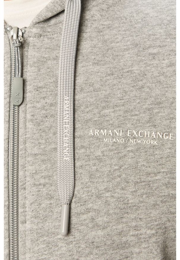 Armani Exchange - Bluza. Okazja: na co dzień. Typ kołnierza: kaptur. Kolor: szary. Wzór: aplikacja. Styl: casual