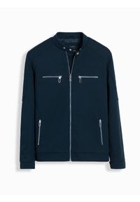 Ombre Clothing - Męska kurtka typu biker ze stójką i kieszeniami – granatowa V1 - Rozmiar: L. Okazja: na co dzień. Typ kołnierza: kołnierzyk stójkowy. Kolor: niebieski. Materiał: syntetyk, tkanina, poliester, materiał. Wzór: ze splotem. Styl: casual #11
