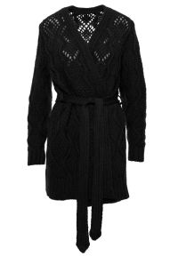 Sukienki.shop - Długi kardigan ażurowy sweter z paskiem czarny. Kolor: czarny. Długość: długie. Wzór: ażurowy #5